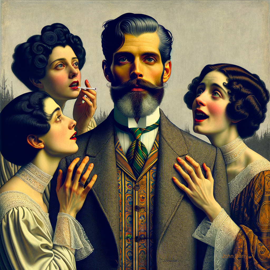 Stylized Portrait of a Man with Three Women in Vintage Fashion