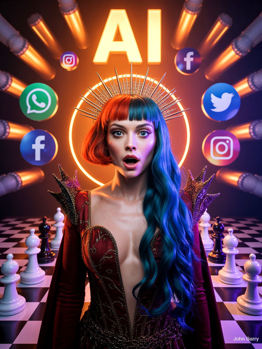 Portrait of a woman with red and blue hair on chessboard