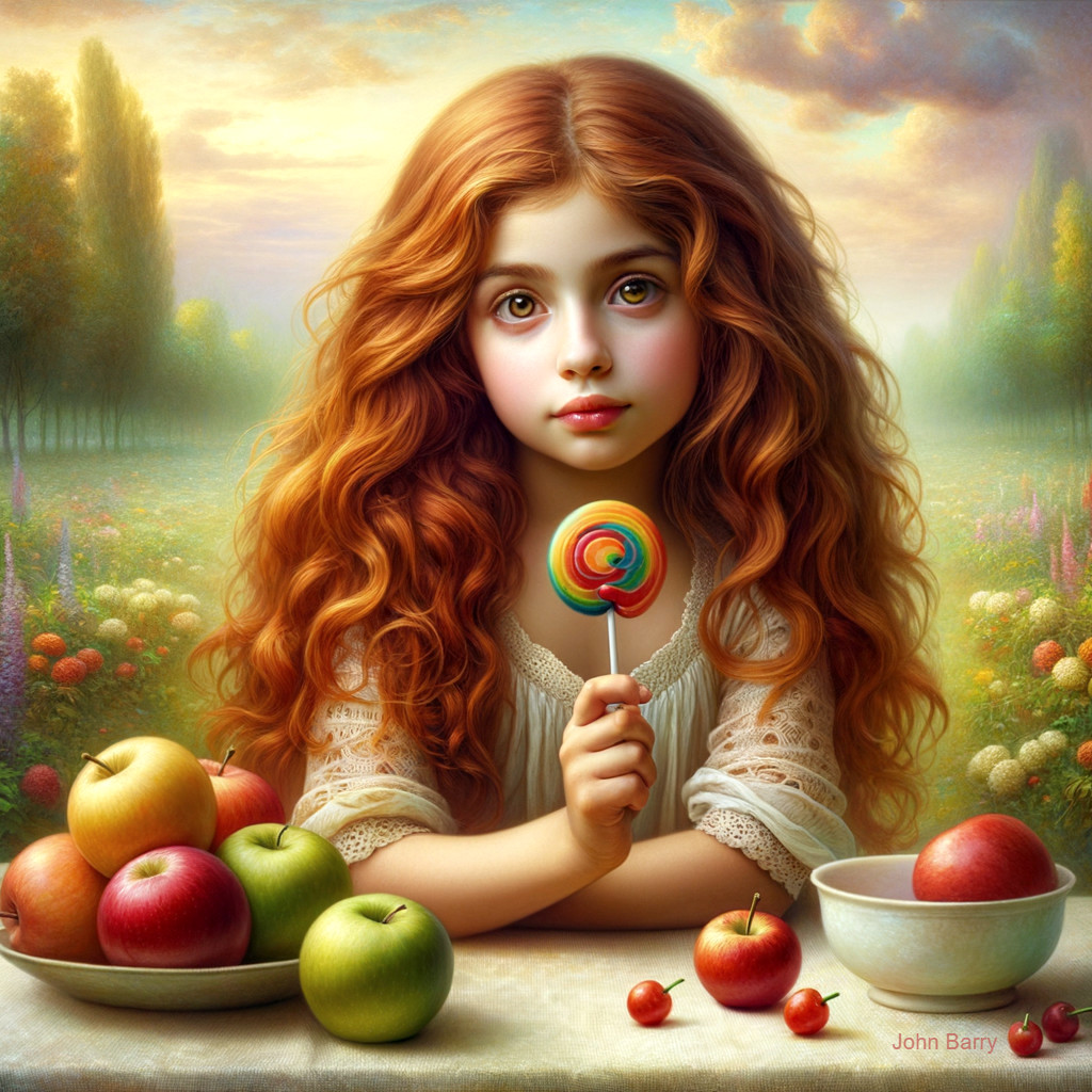 Young girl with red hair and colorful lollipop in garden