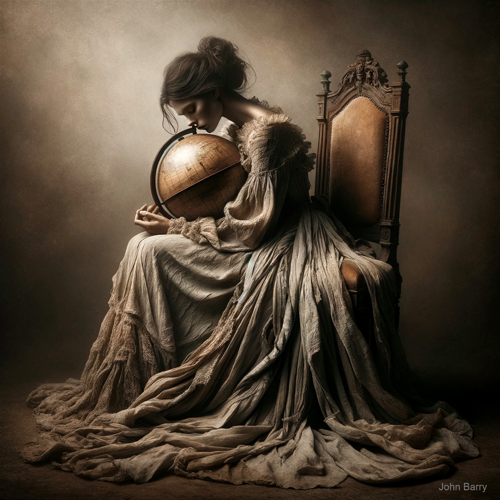 Serene Figure in Vintage Chair with Globe and Fabric