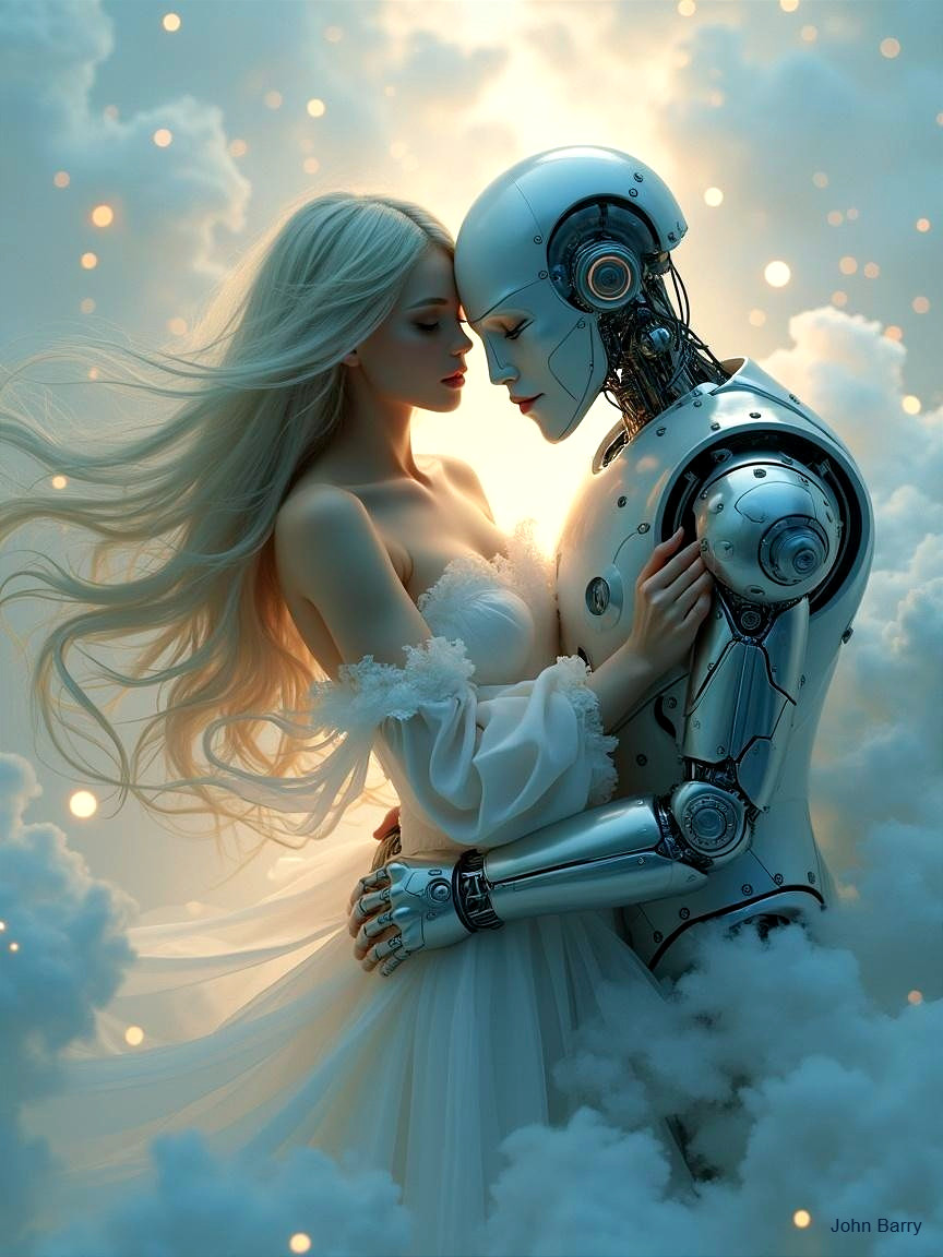 Human Woman and Humanoid Robot in Ethereal Embrace