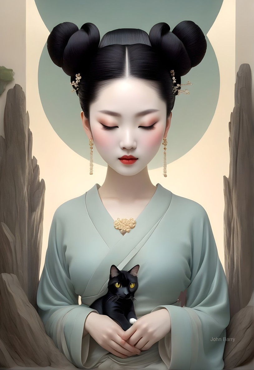 Traditional Elegance with Kimono and Black Cat
