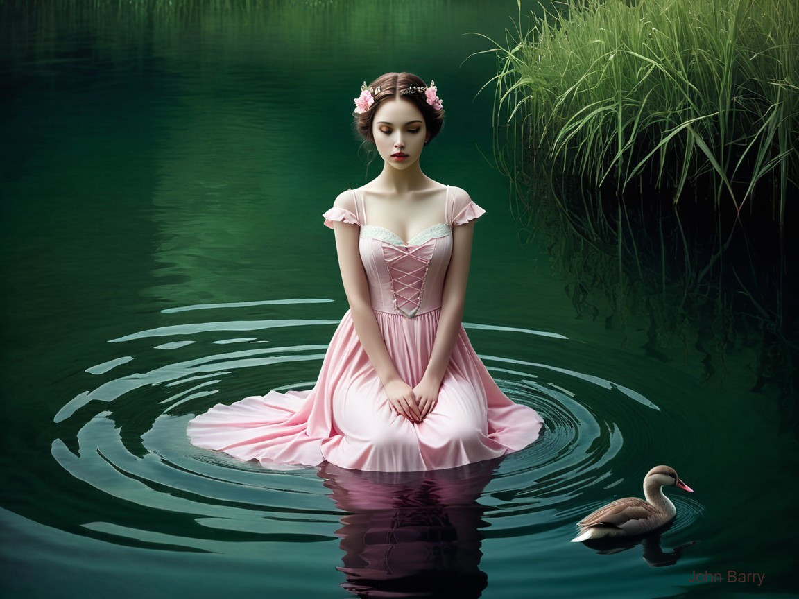 Young Woman in Pink Gown by Tranquil Pond