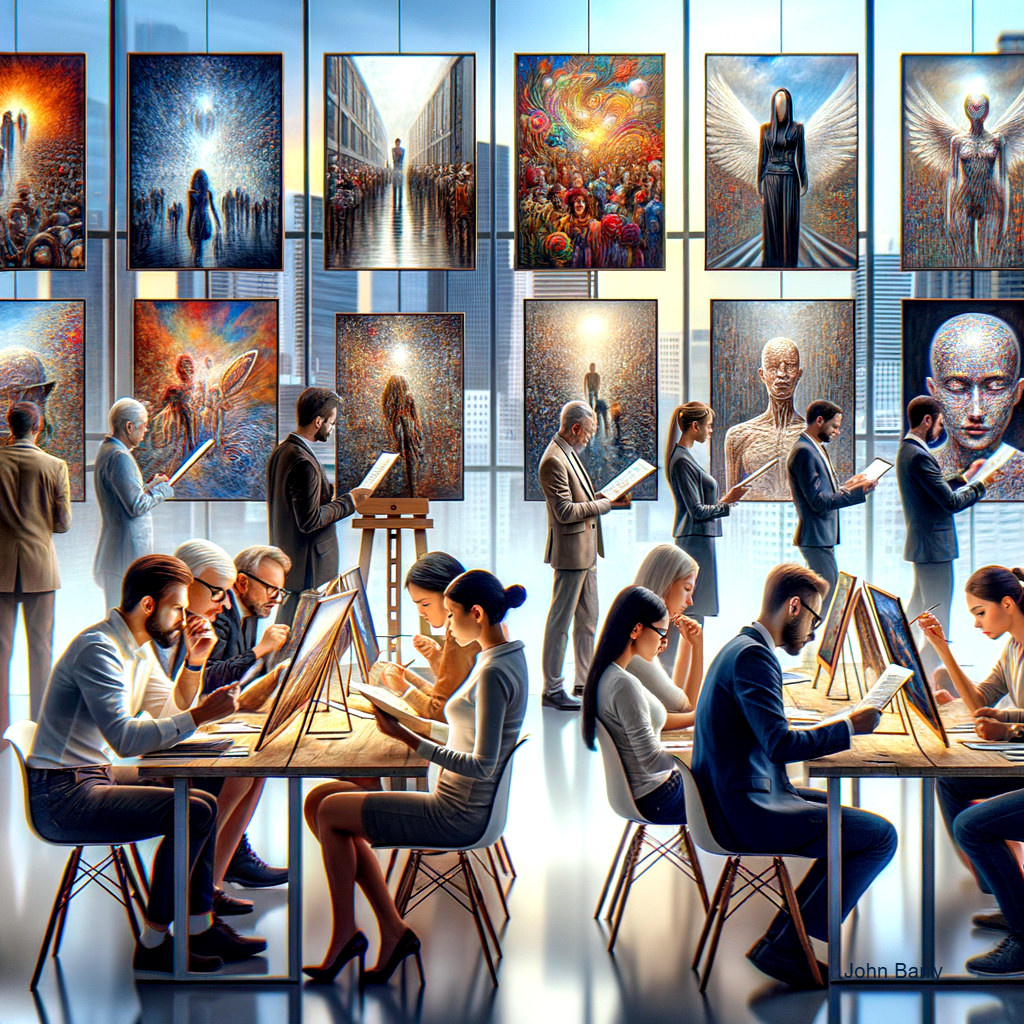 Art Gallery Scene with Discussions and Sketching Activities