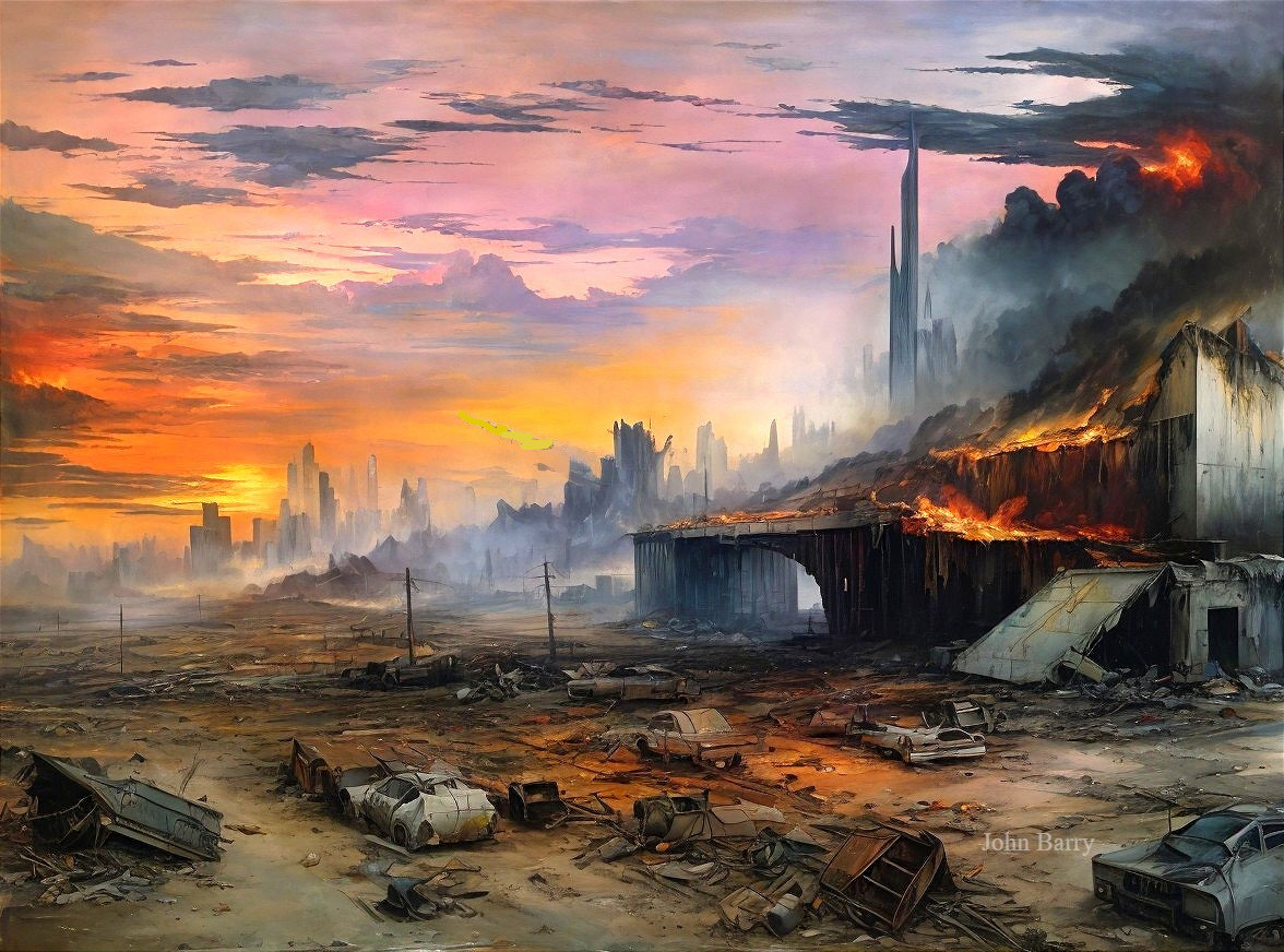 Post-Apocalyptic Cityscape with Burning Buildings