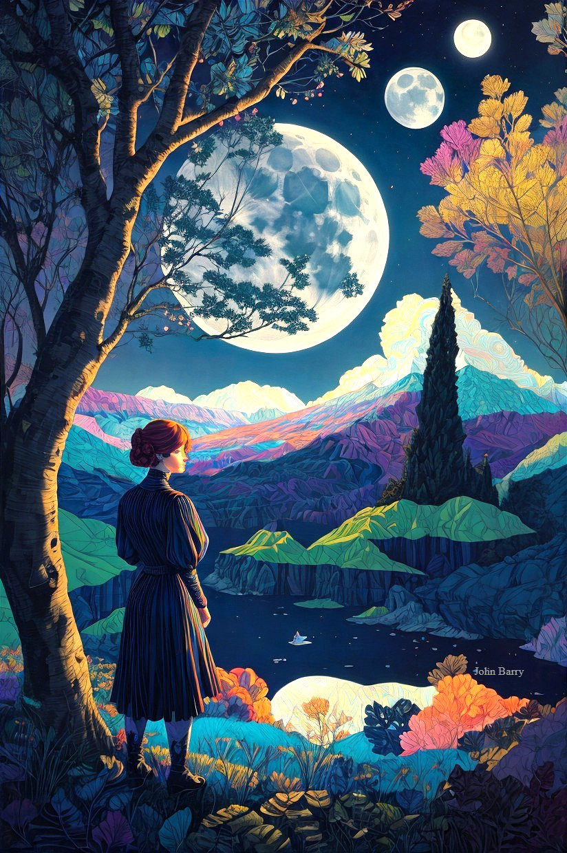 Woman by serene lake under glowing moons at night