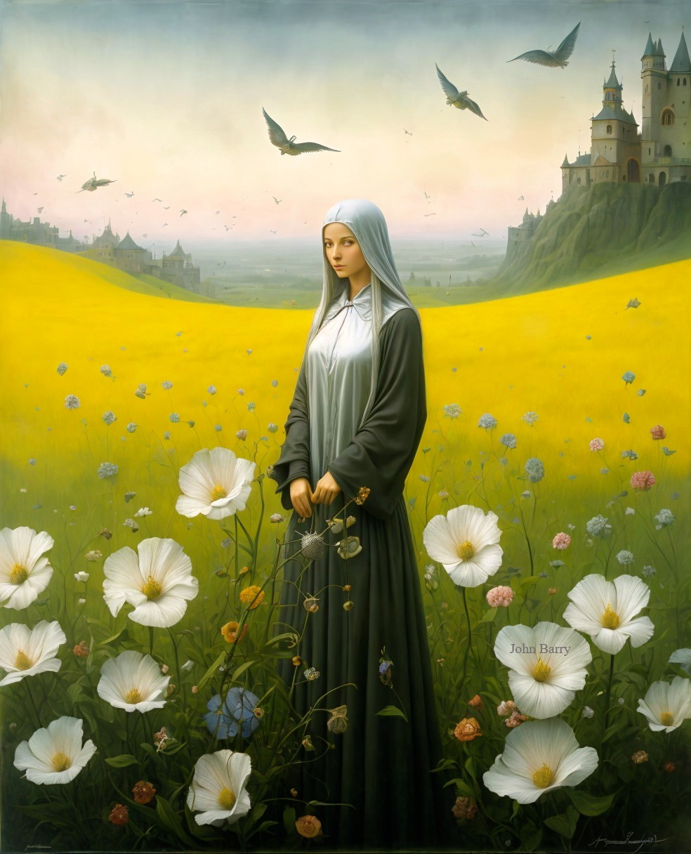 Serene figure in gray habit among vibrant wildflowers