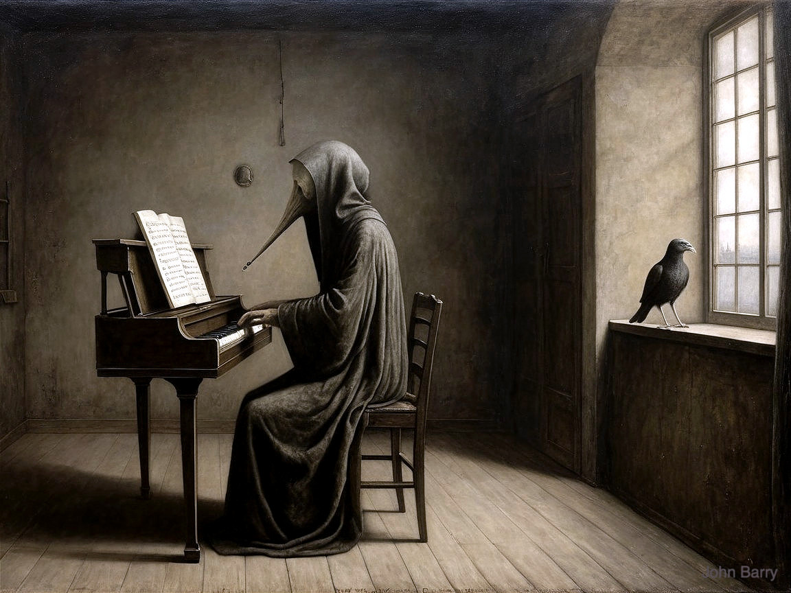 Cloaked Figure Playing Piano in Dimly Lit Room