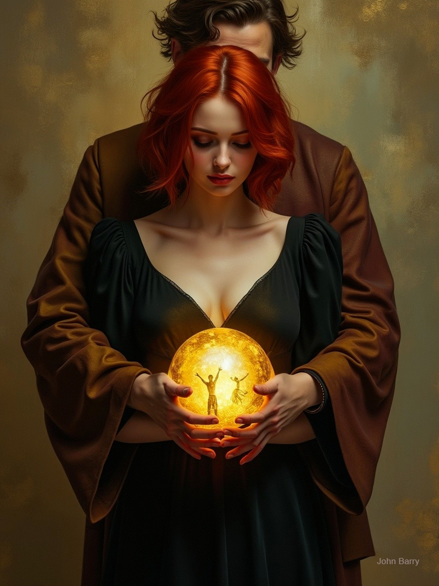 Couple Embracing with Glowing Orb in Dark Setting