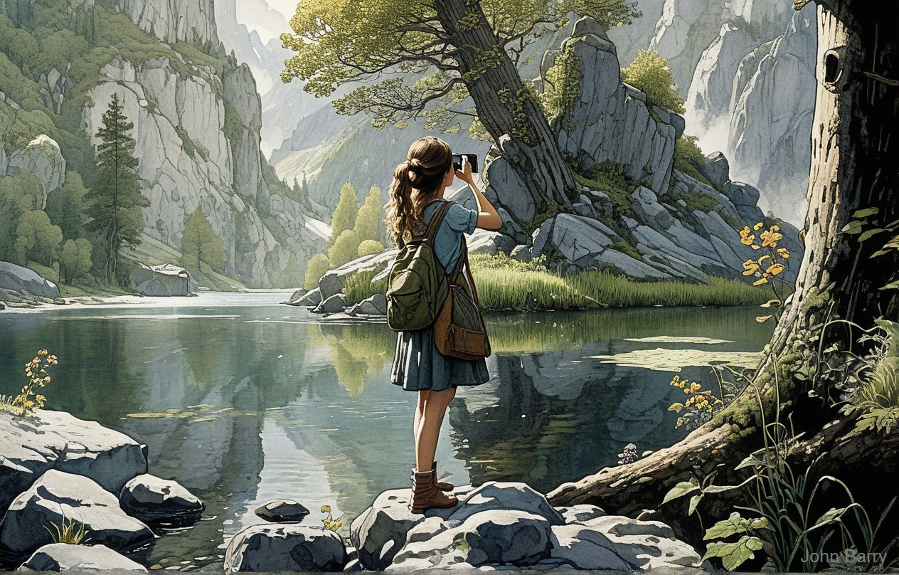 Young girl by serene lake with mountains and greenery