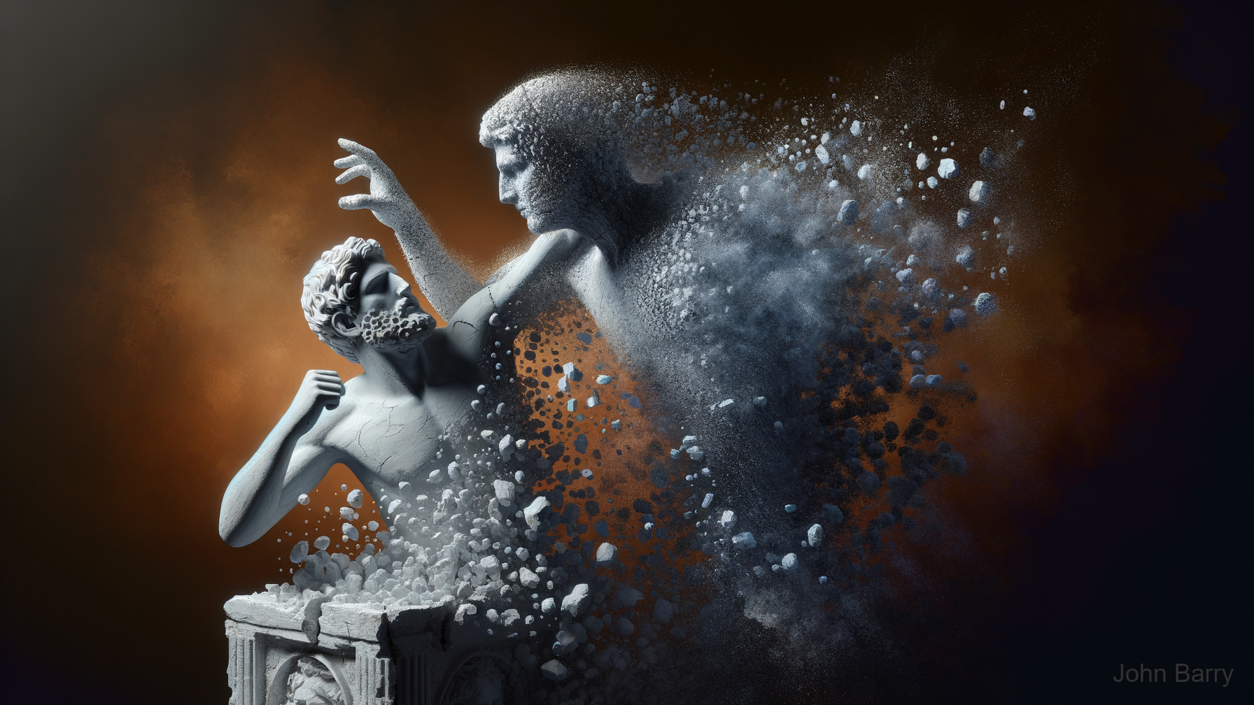 Classical statue depicting dynamic transformation scene