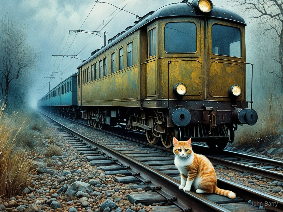Vintage train on misty tracks with orange tabby cat