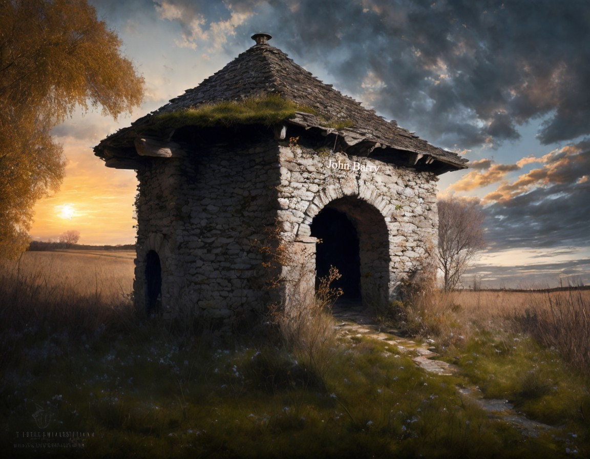 Rustic Stone Cottage in Serene Sunset Landscape