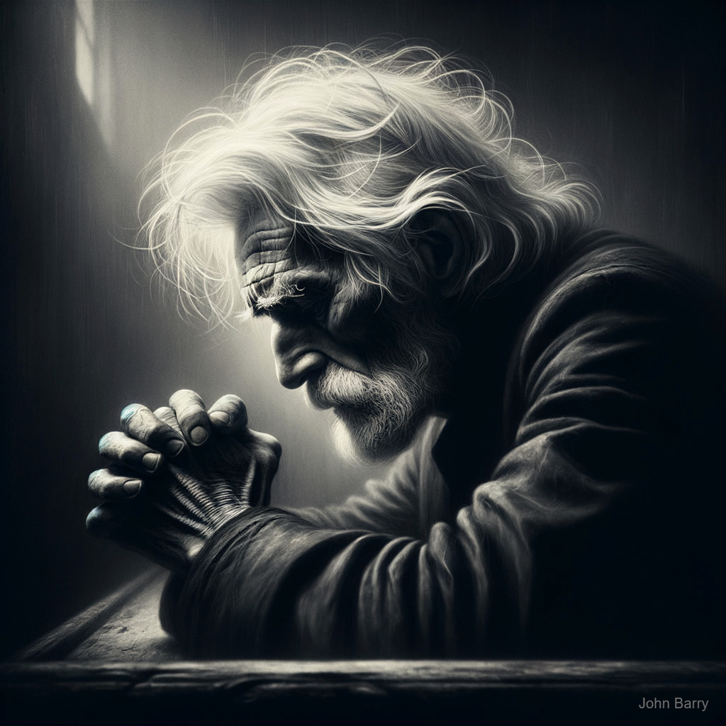 Elderly Man in Contemplation with Wispy White Hair
