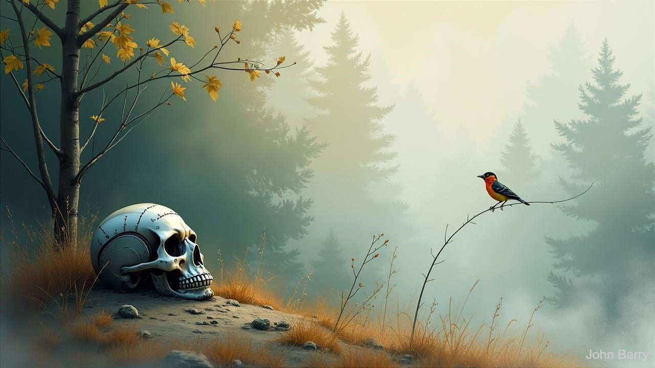 Surreal landscape with metallic skull and misty trees