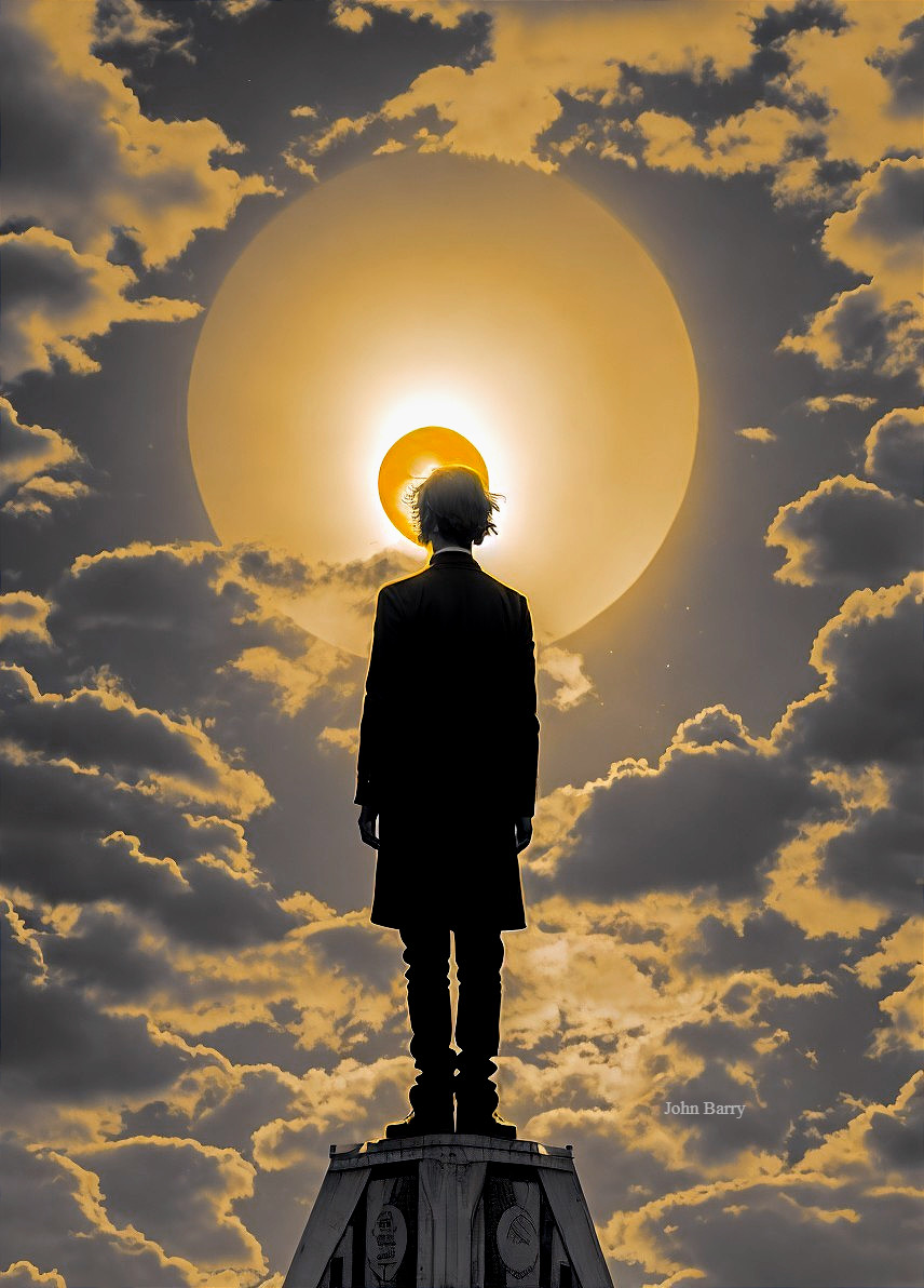Silhouetted Figure Against Glowing Sun and Clouds