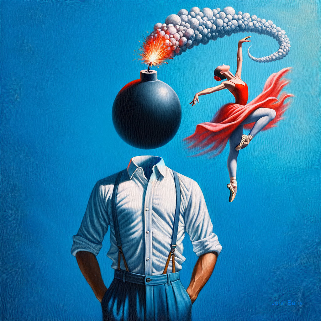 Surreal Painting of Faceless Man with Bomb Head and Ballerina