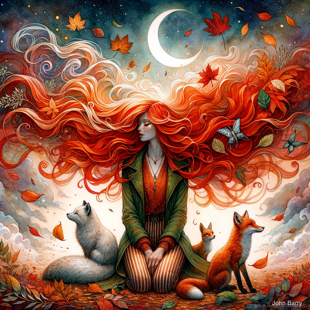 Serene woman with red hair in autumn landscape