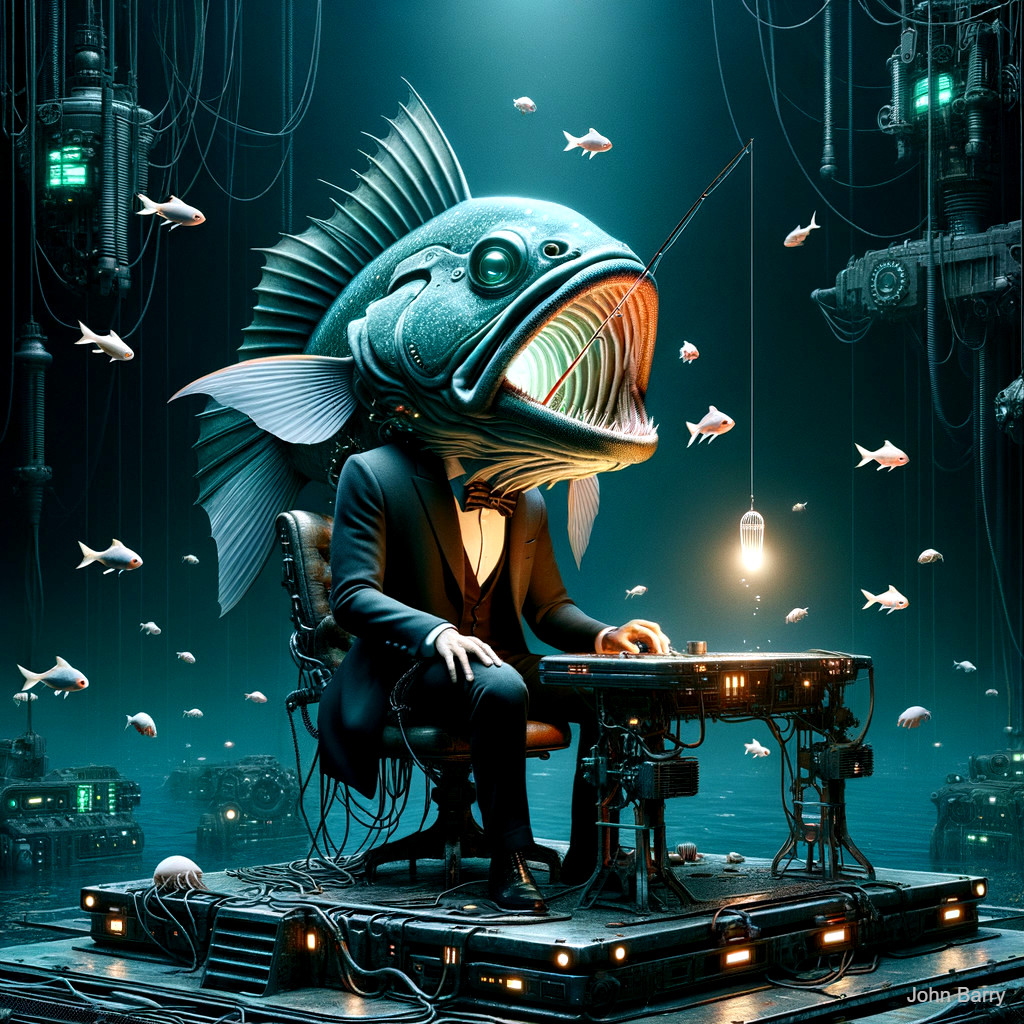 Surreal Cybernetic Underwater Scene with Humanoid Fish