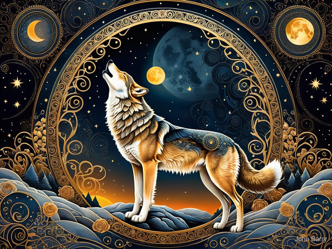 Wolf Howling at Night Sky with Celestial Elements