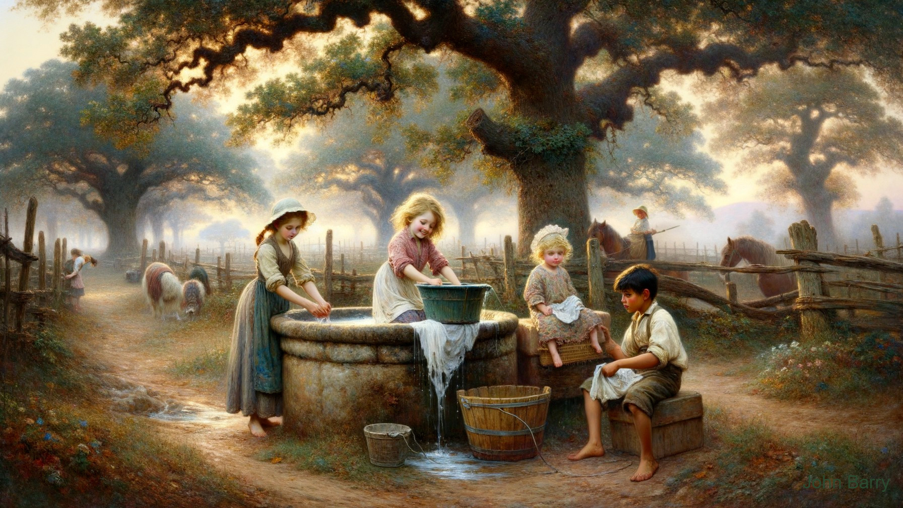 Children at a Stone Well in a Rural Landscape