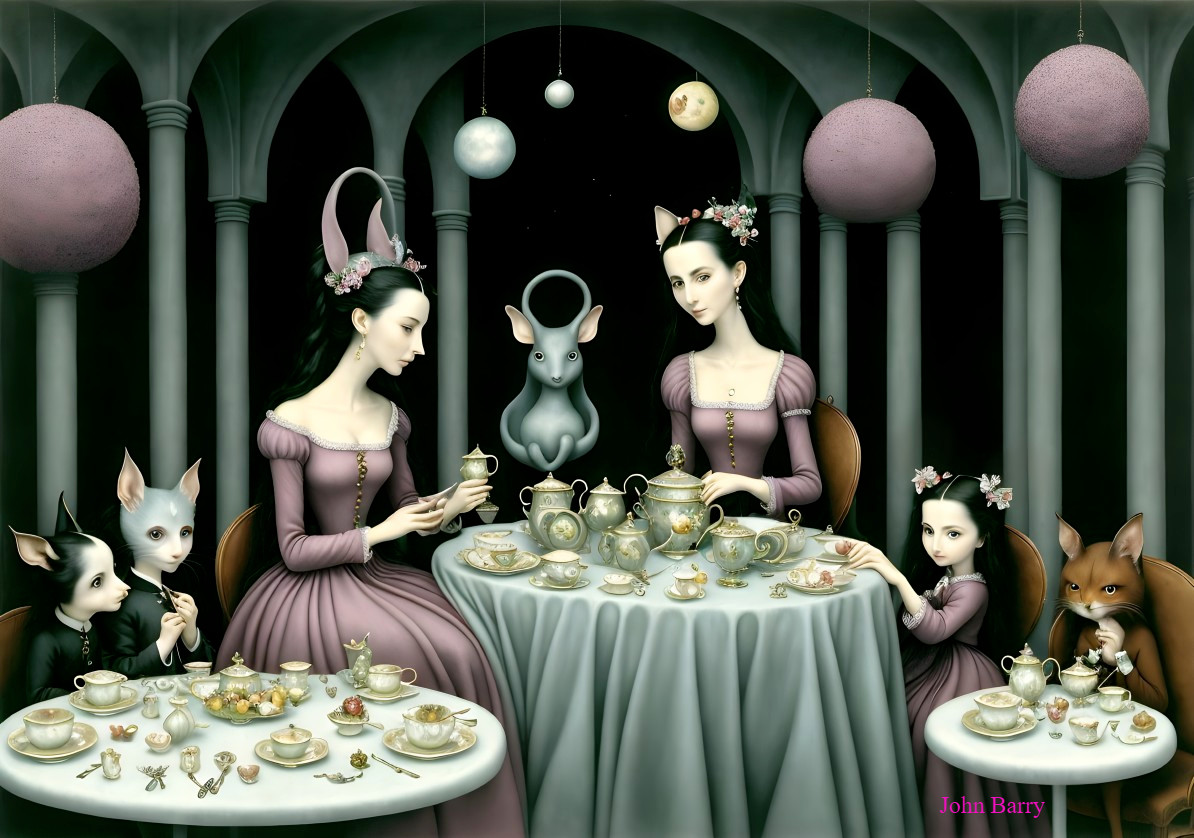 Surreal Tea Party with Animals and Elegant Women