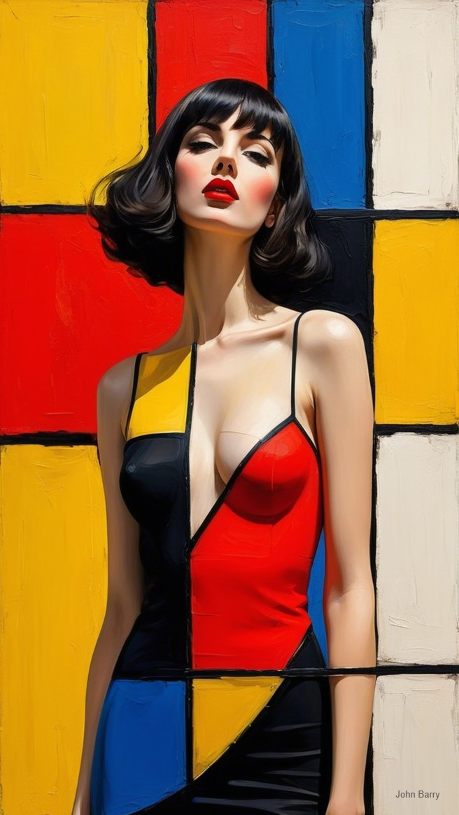 Confident Woman in Bold Geometric Dress and Bob Hairstyle