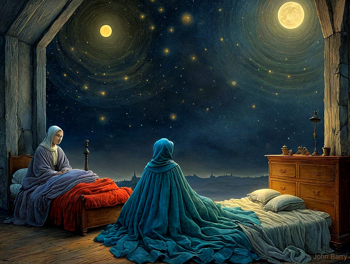 Cozy Room Under Starry Sky with Two Figures
