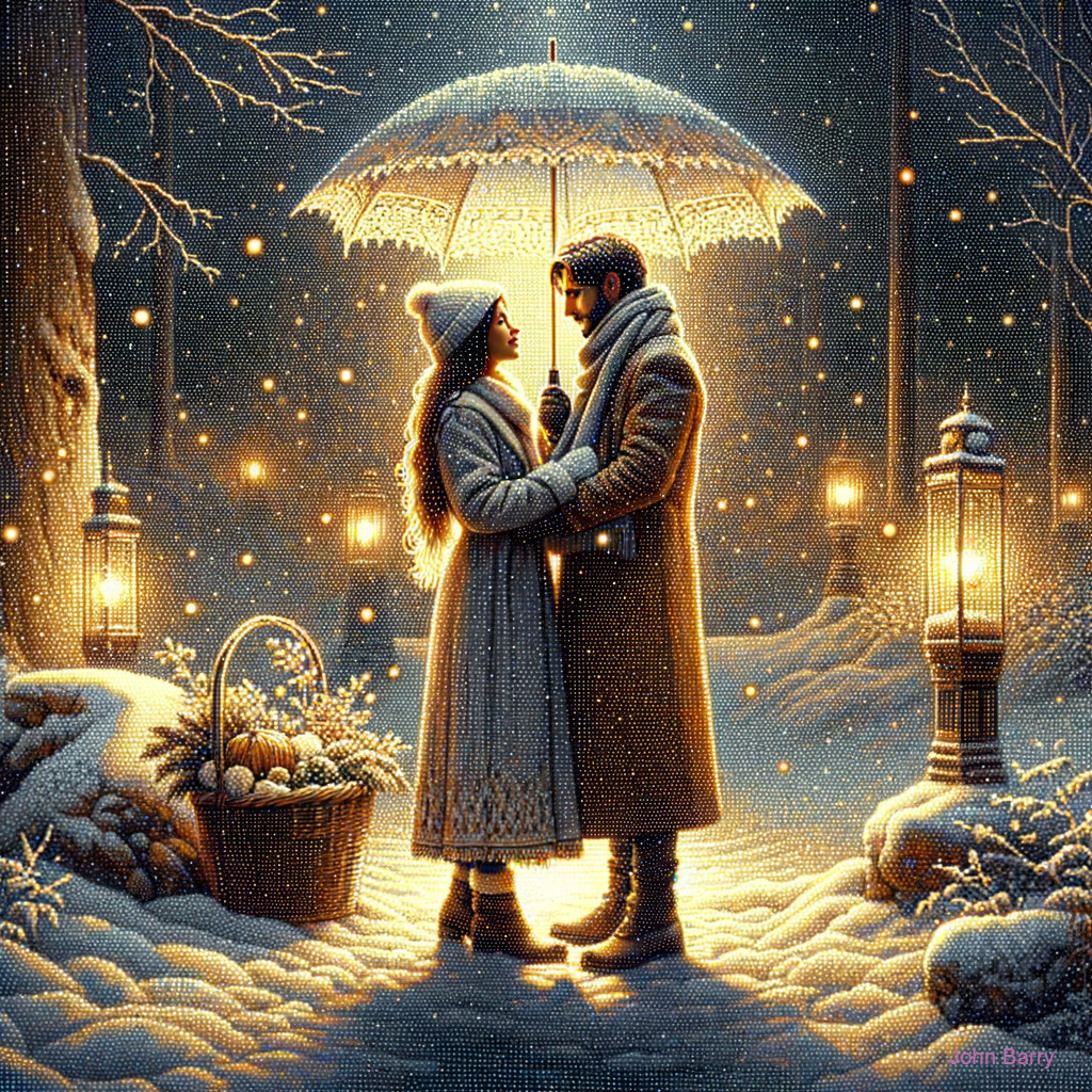 Couple Under Embroidered Umbrella in Snowy Park