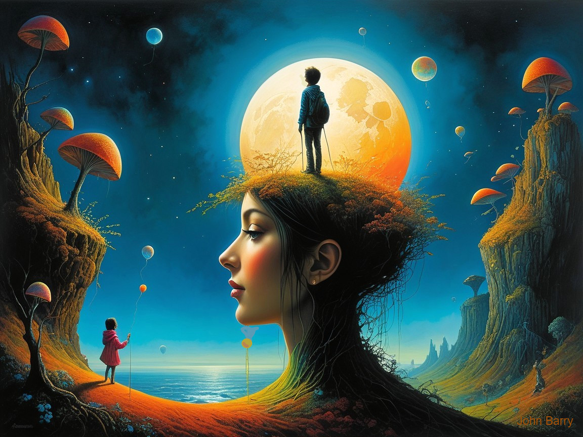 Surreal landscape with giant woman's face and moon