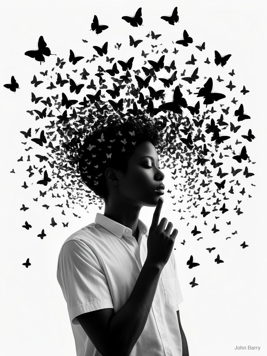 Profile of a Person with Black Butterflies Surrounding