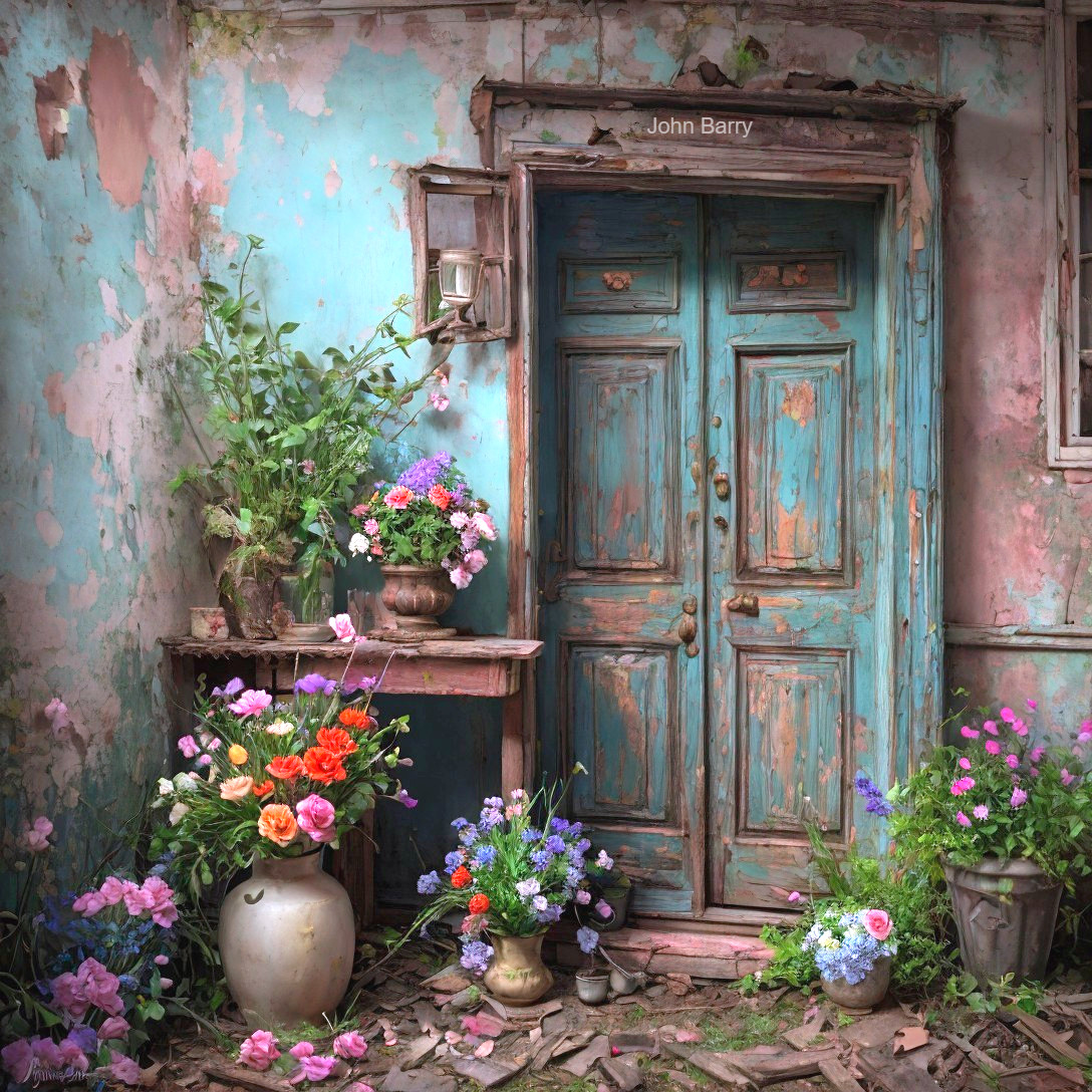 Old Door and Flower Arrangements by Turquoise Wall