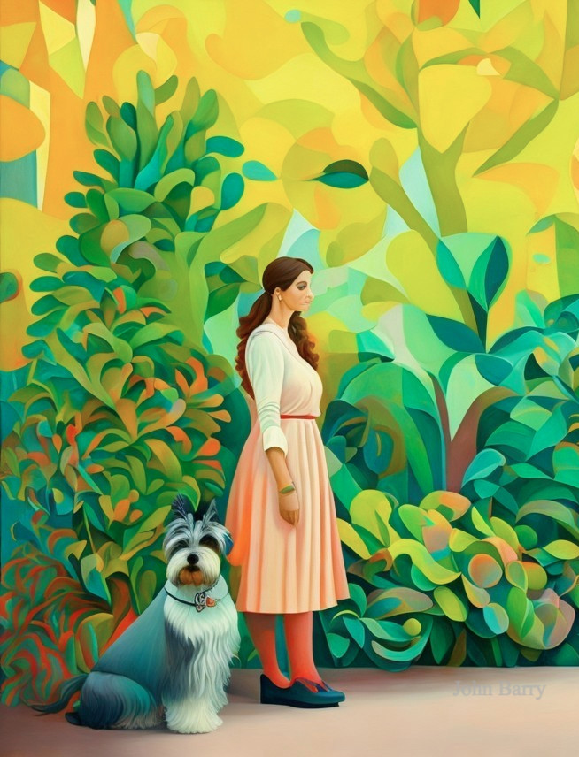 Woman in Pink Dress Surrounded by Abstract Forest and Dog