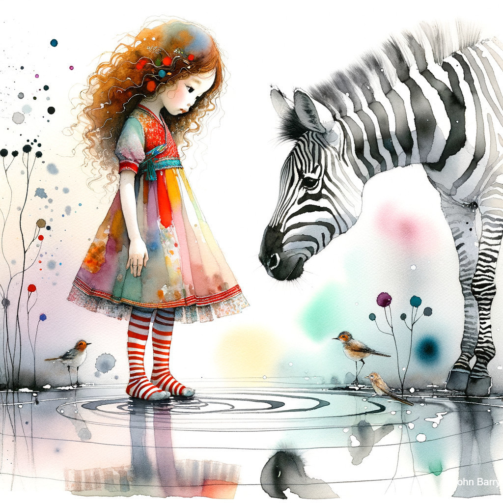Whimsical Scene of Girl and Zebra by a Puddle