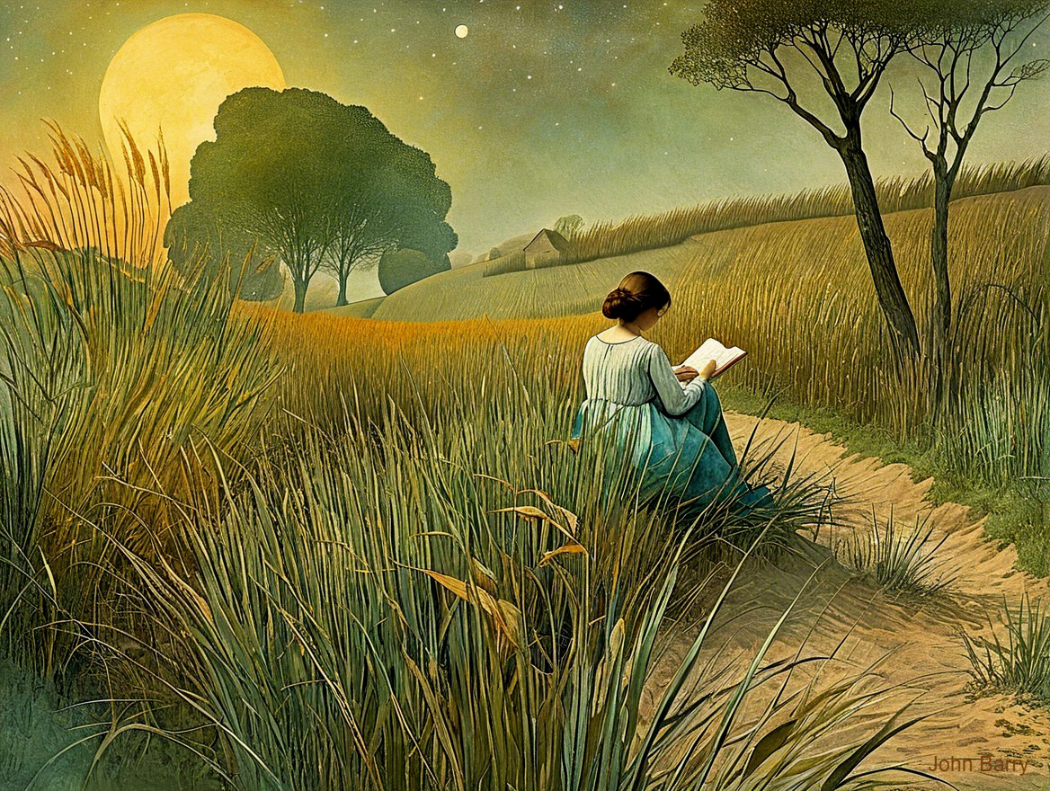 Moonlit Landscape with Woman Reading in Nature