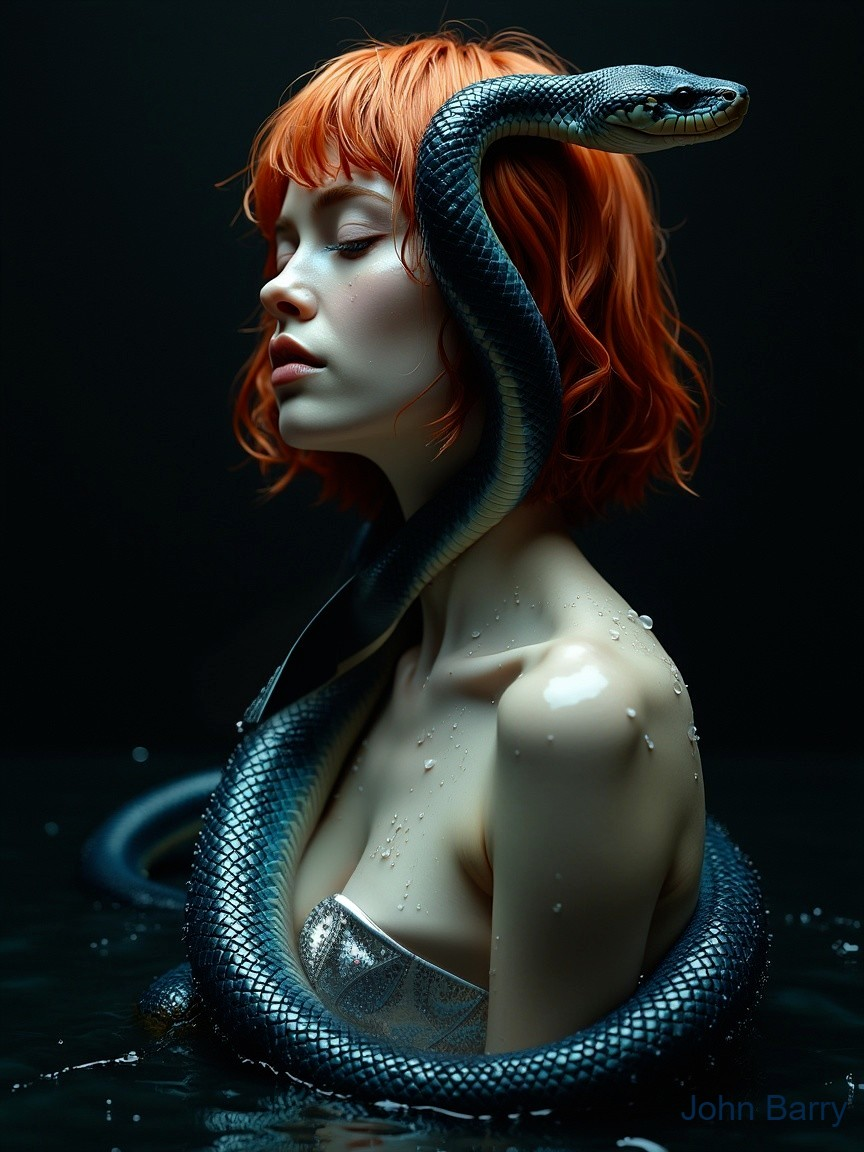 Portrait of a woman with orange hair in dark water