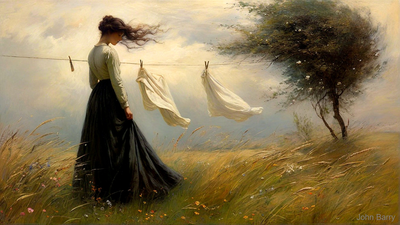 Woman in Black Skirt Gazing at Clothesline in Field