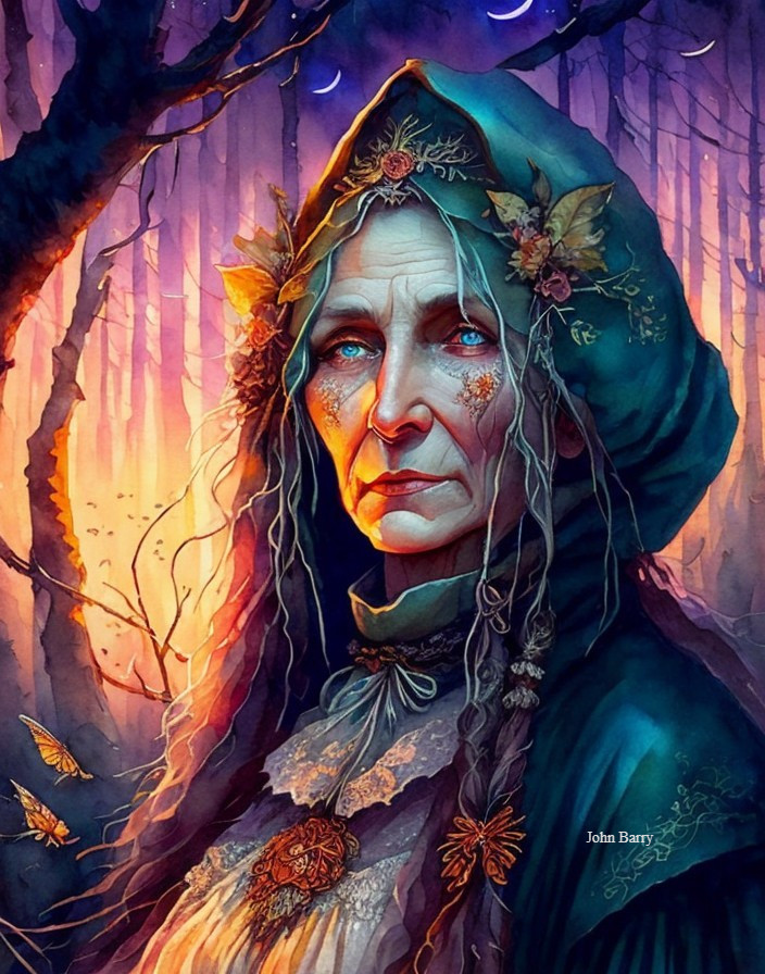 Elderly Woman in Cloak Surrounded by Twilight Forest