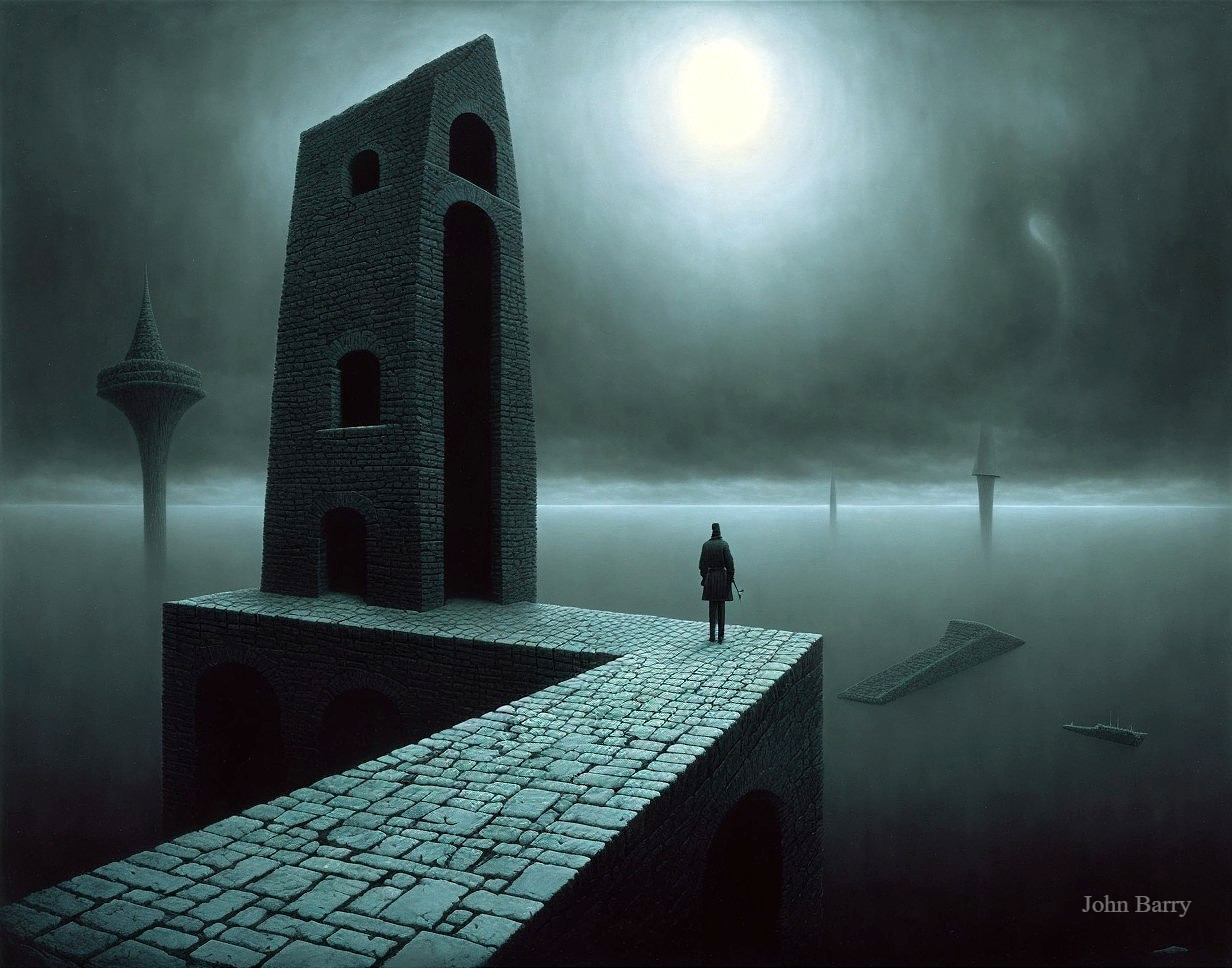 Solitary Figure on Winding Path in Surreal Landscape
