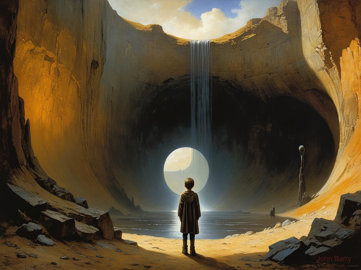 Young Figure at Canyon with Waterfall and Luminous Sphere
