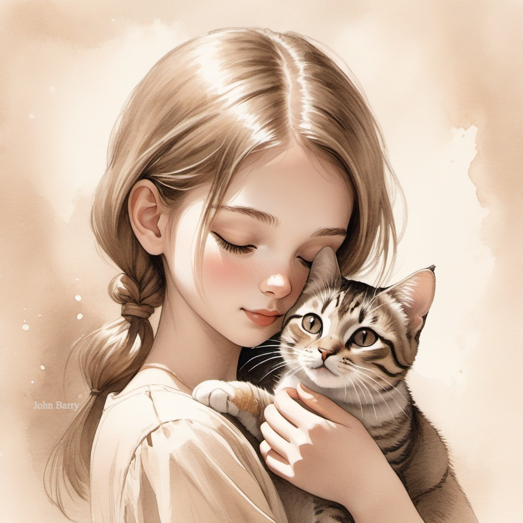 Young girl holding playful tabby cat in tender scene