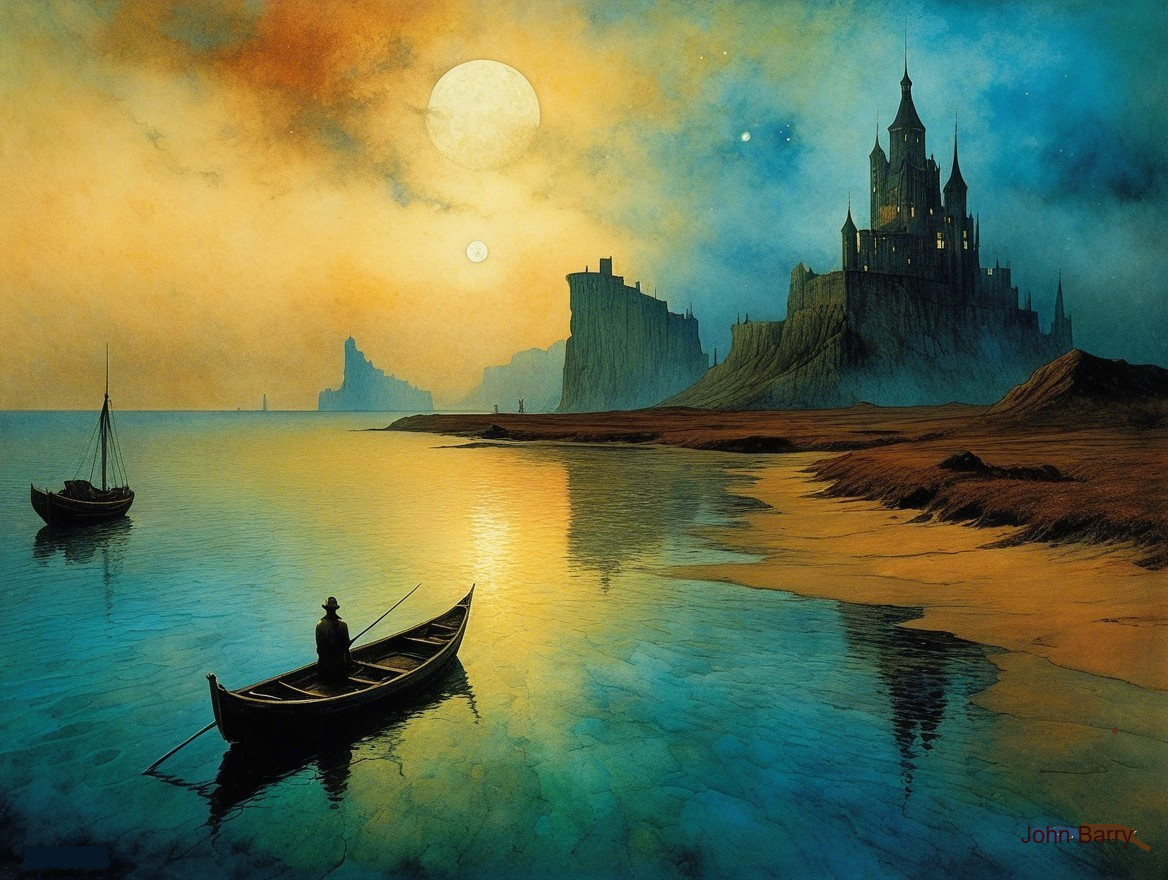 Tranquil Dusk Scene with Castle and Boat on Bay