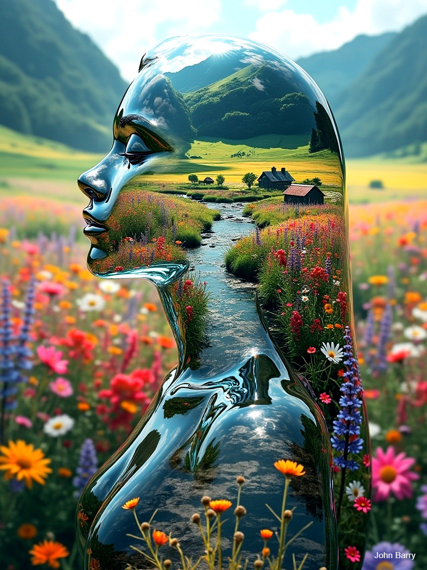 Sculpted Figure Surrounded by Vibrant Flower Field