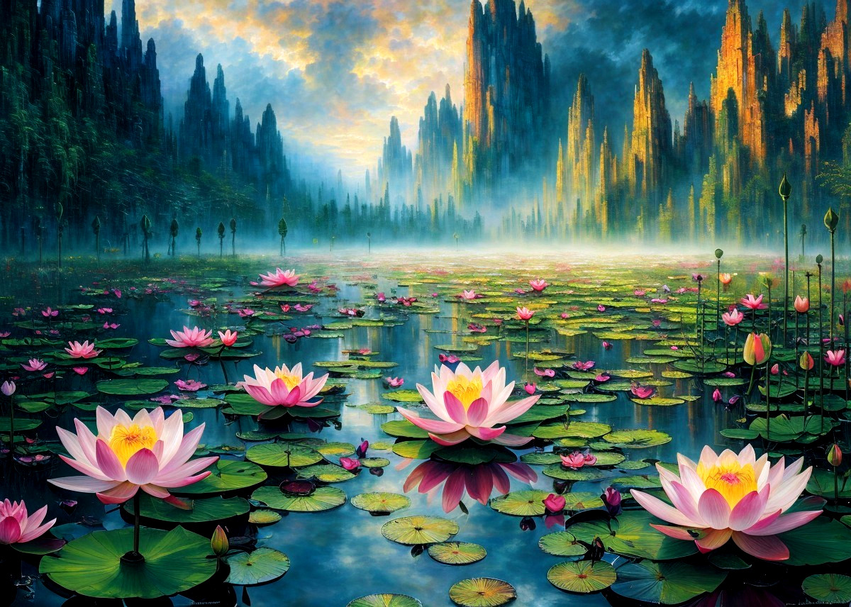 Serene Landscape with Waterlilies and Sunlit Cliffs