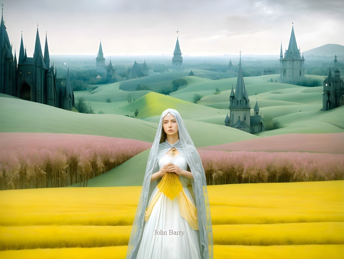 Serene Landscape with Woman and Whimsical Castles