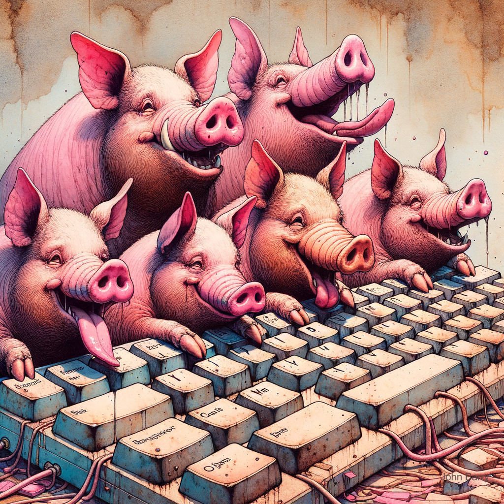 Cheerful pigs typing on an old-fashioned keyboard
