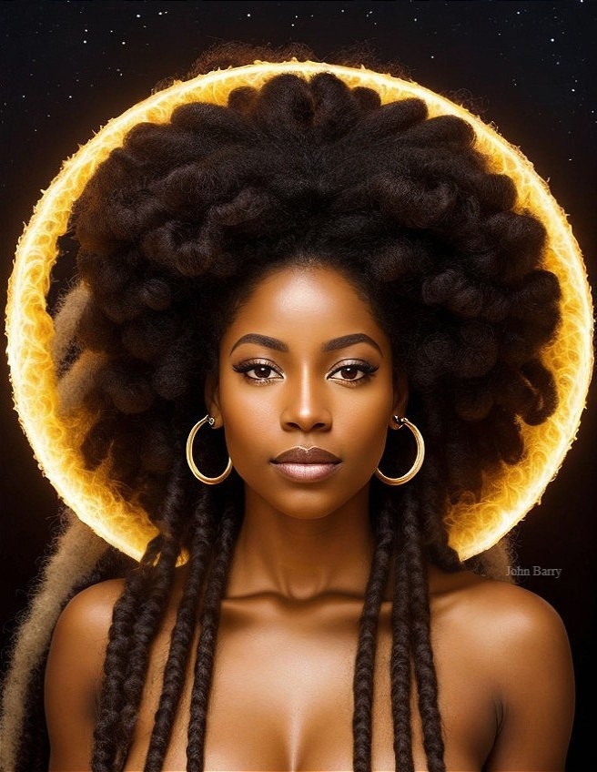 Portrait of a woman with textured dark curls and halo
