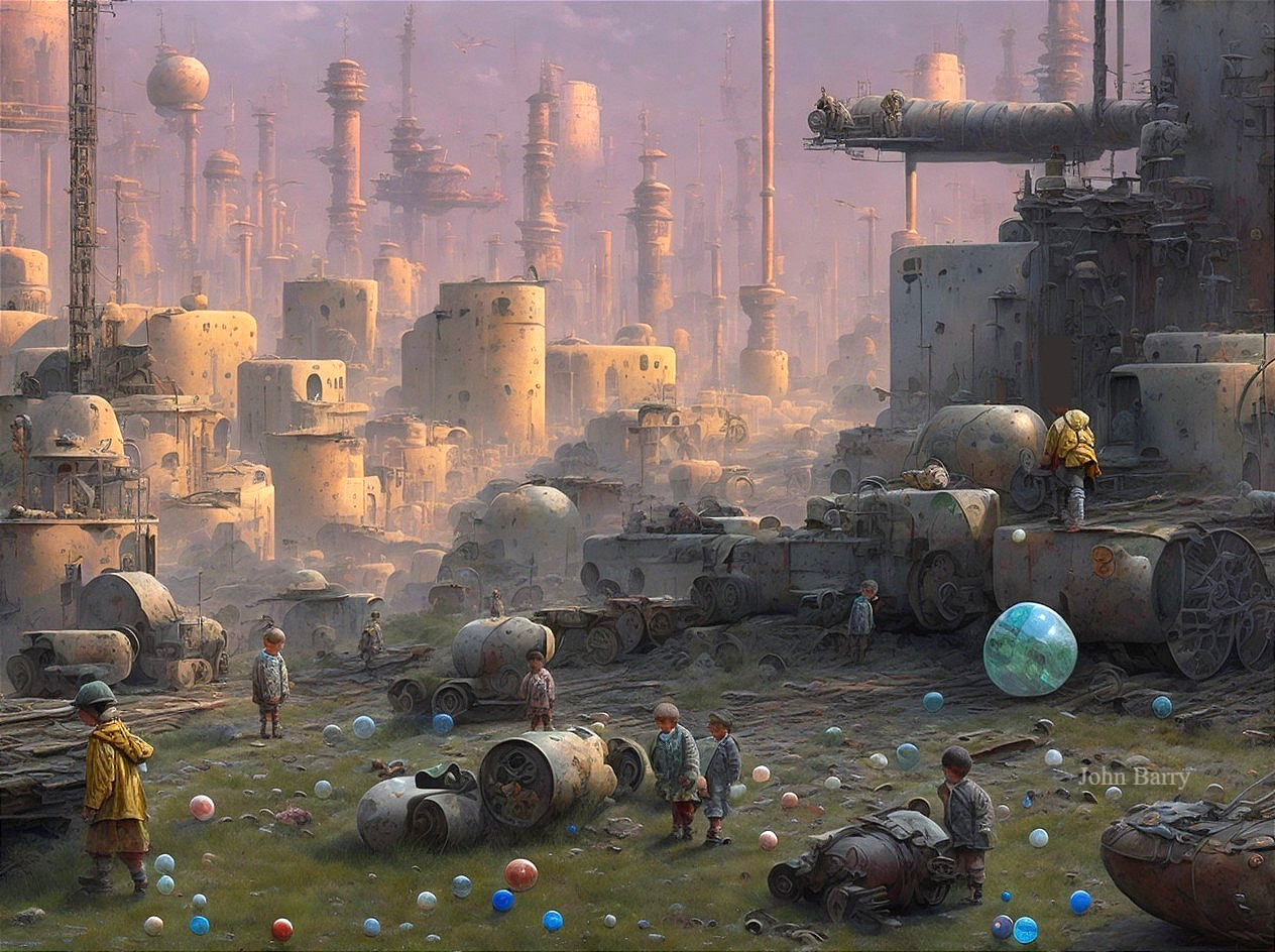 Futuristic landscape with industrial structures and children