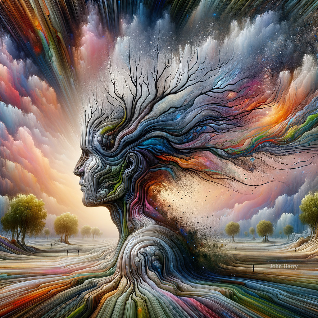 Surreal Landscape with Sculpted Head and Dreamlike Sky