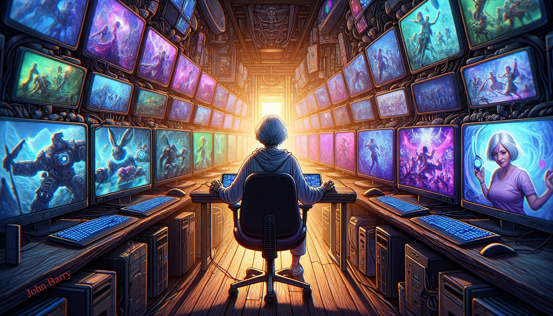 Individual seated in chair before illuminated screens